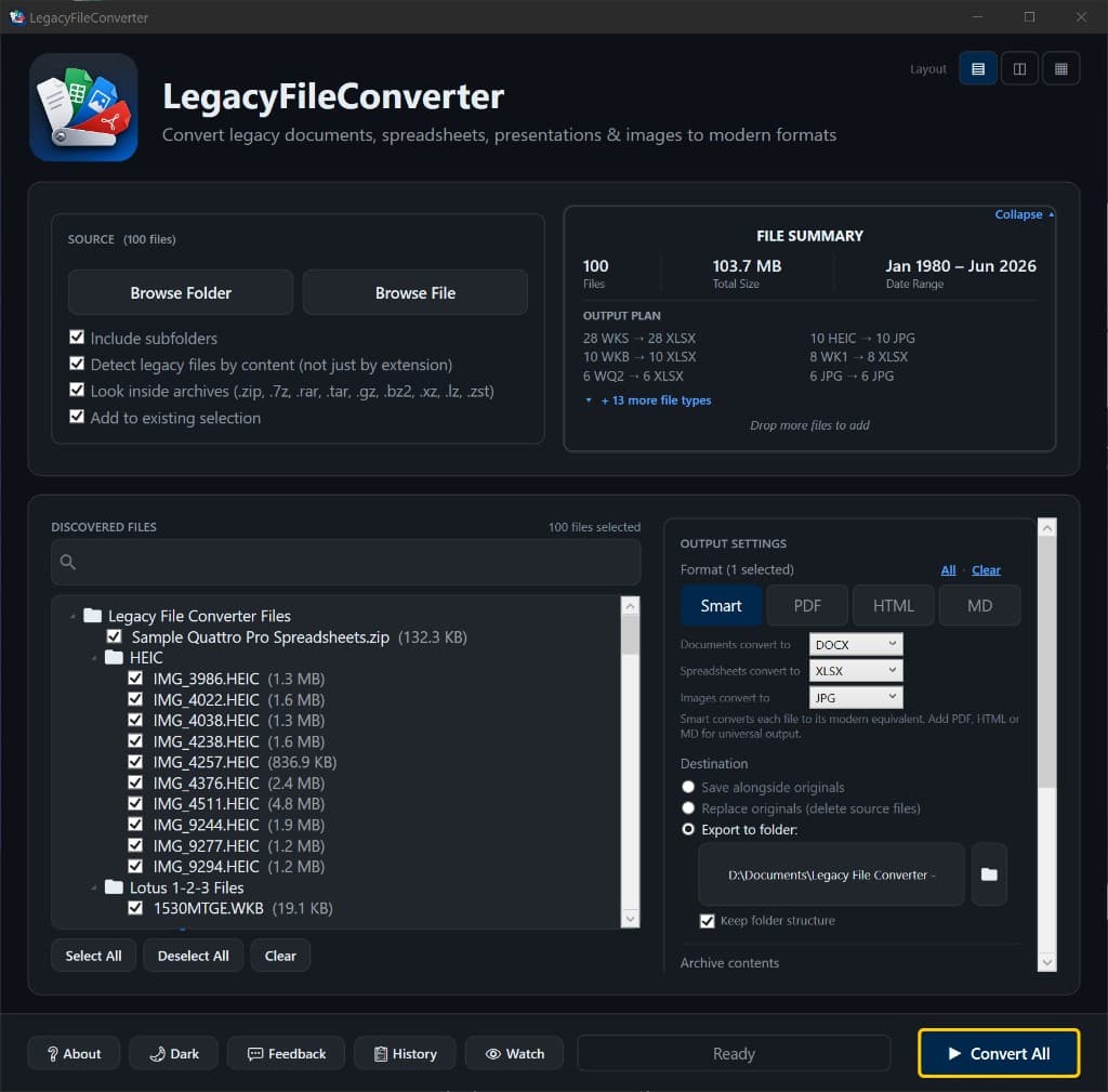 LegacyFileConverter app converting WordPerfect, Lotus 1-2-3, Quattro Pro, and HEIC files on Windows
