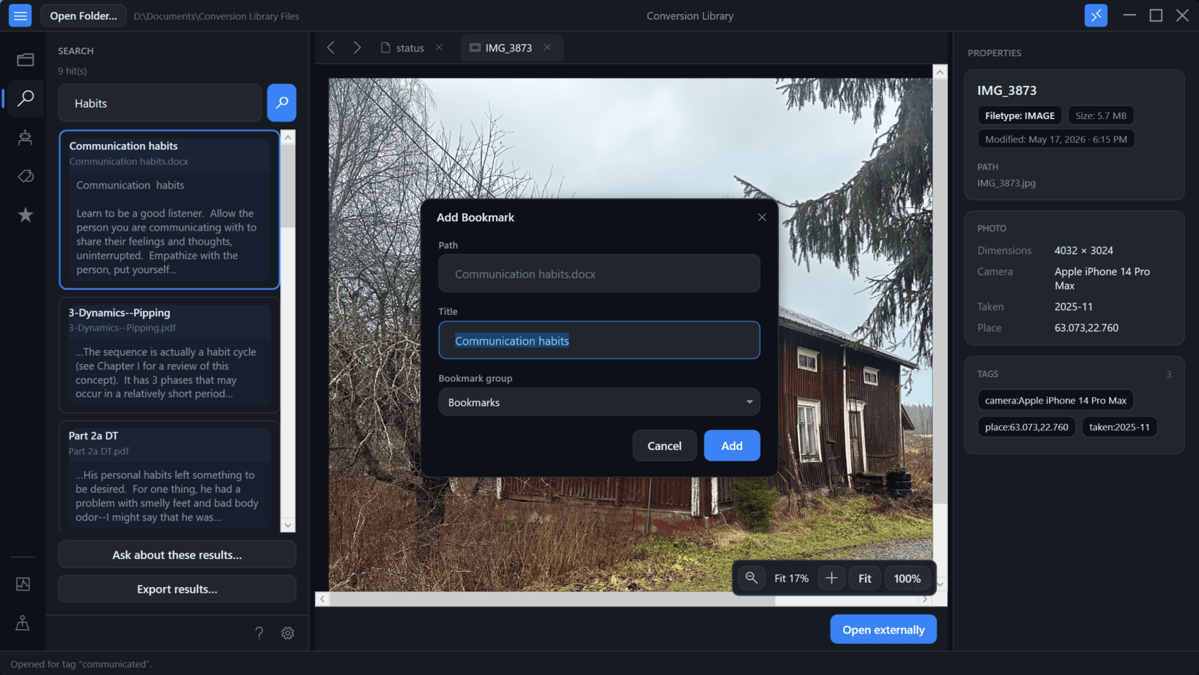 Add Bookmark dialog in Conversion Library Add Bookmark dialog in Conversion Library