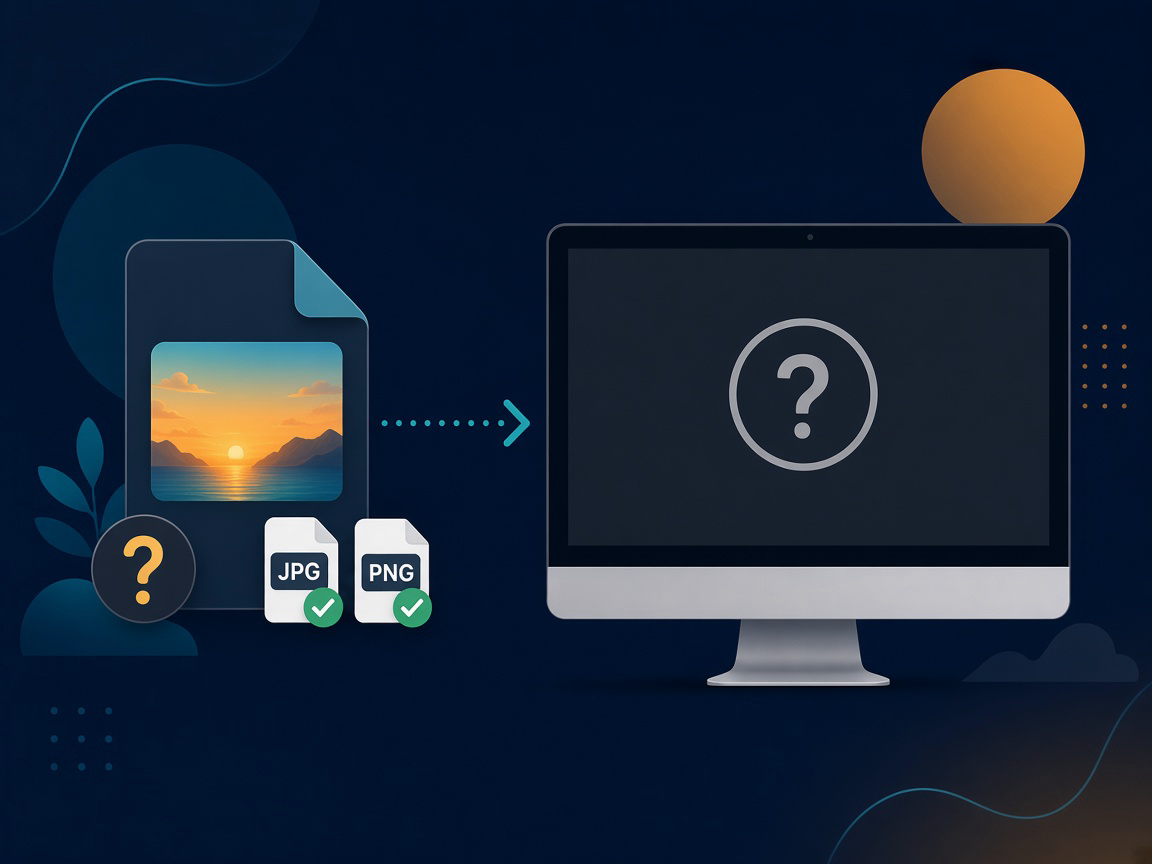 An AVIF image file next to a Windows desktop that shows a blank question-mark preview, with JPG and PNG outputs marked ready