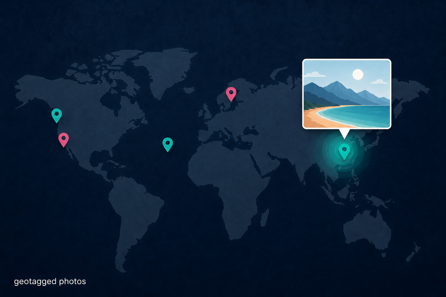Stylized map of geotagged converted photos with a thumbnail appearing over one pin