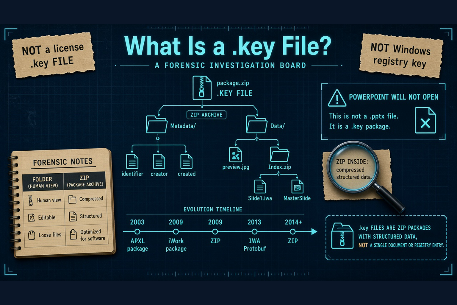 Navy forensic-desk diagram of a .KEY FILE package/ZIP tree with Metadata, Data/, preview.jpg, and Index.zip containing Slide*.iwa / MasterSlide; timeline 2003 APXL → iWork package → 2009 ZIP → 2013 IWA Protobuf → 2014+ ZIP; sticky notes NOT license .key and NOT Windows registry key; PowerPoint-will-not-open panel; FOLDER vs ZIP notebook; magnifying glass over zip-inside note; no logos