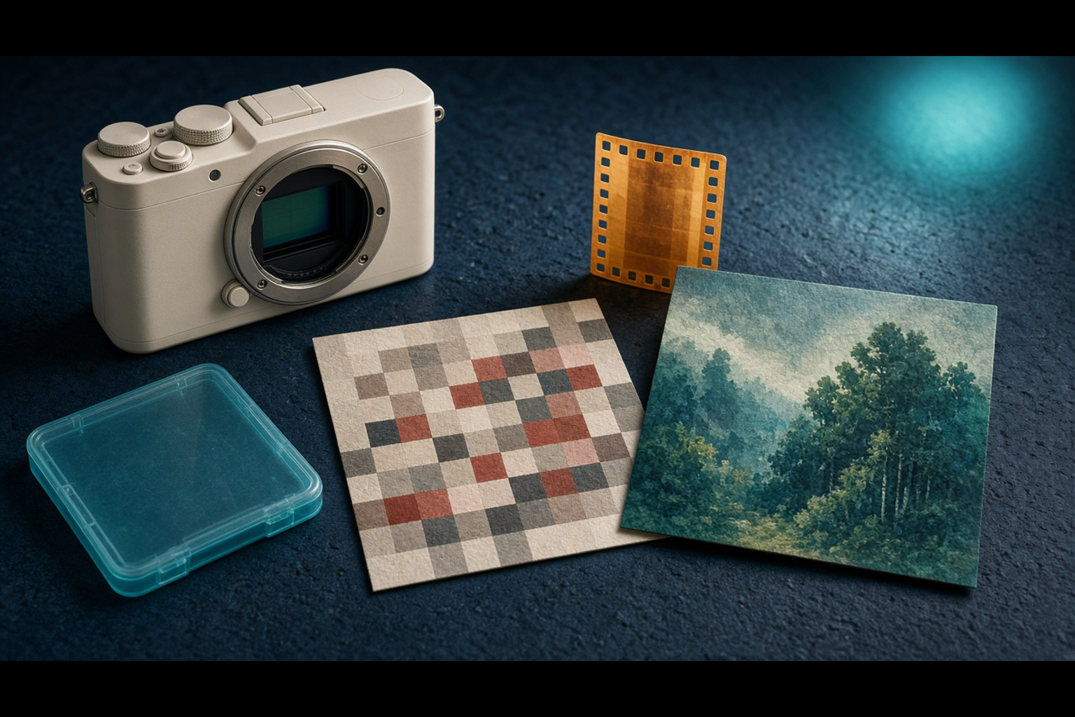 Crèmekleurige camerabody, teal geheugenkaart, amberkleurige filmstrook, mozaïekafdruk en zachte landschapsafdruk op marineblauw, geen logo’s