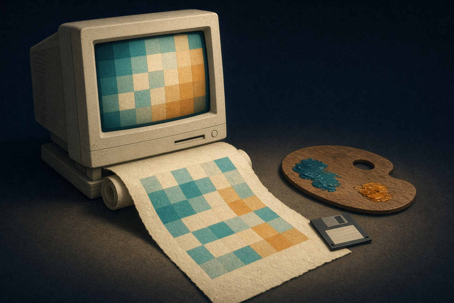 CRT-skærm der spilder en flødefarvet pixelgitter-rulle ud ved siden af en malerpalet og en lille diskette på marineblå baggrund, ingen logoer CRT-skærm der spilder en flødefarvet pixelgitter-rulle ud ved siden af en malerpalet og en lille diskette på marineblå baggrund, ingen logoer