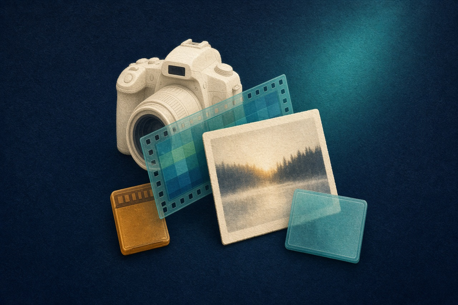 Kermanvärinen DSLR, teal-filminauhamosaikki, valokuvatuloste, meripihkanvärinen muistikortti ja teal-levy tummansinisellä, ei logoja