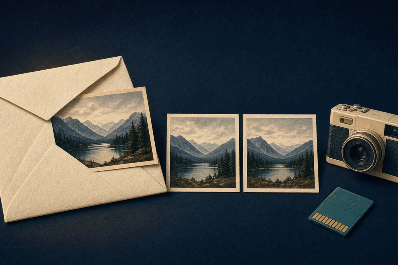 Cream envelope wrapping twin photo cards beside a camera and teal memory card on dark navy, no logos Cream envelope wrapping twin photo cards beside a camera and teal memory card on dark navy, no logos