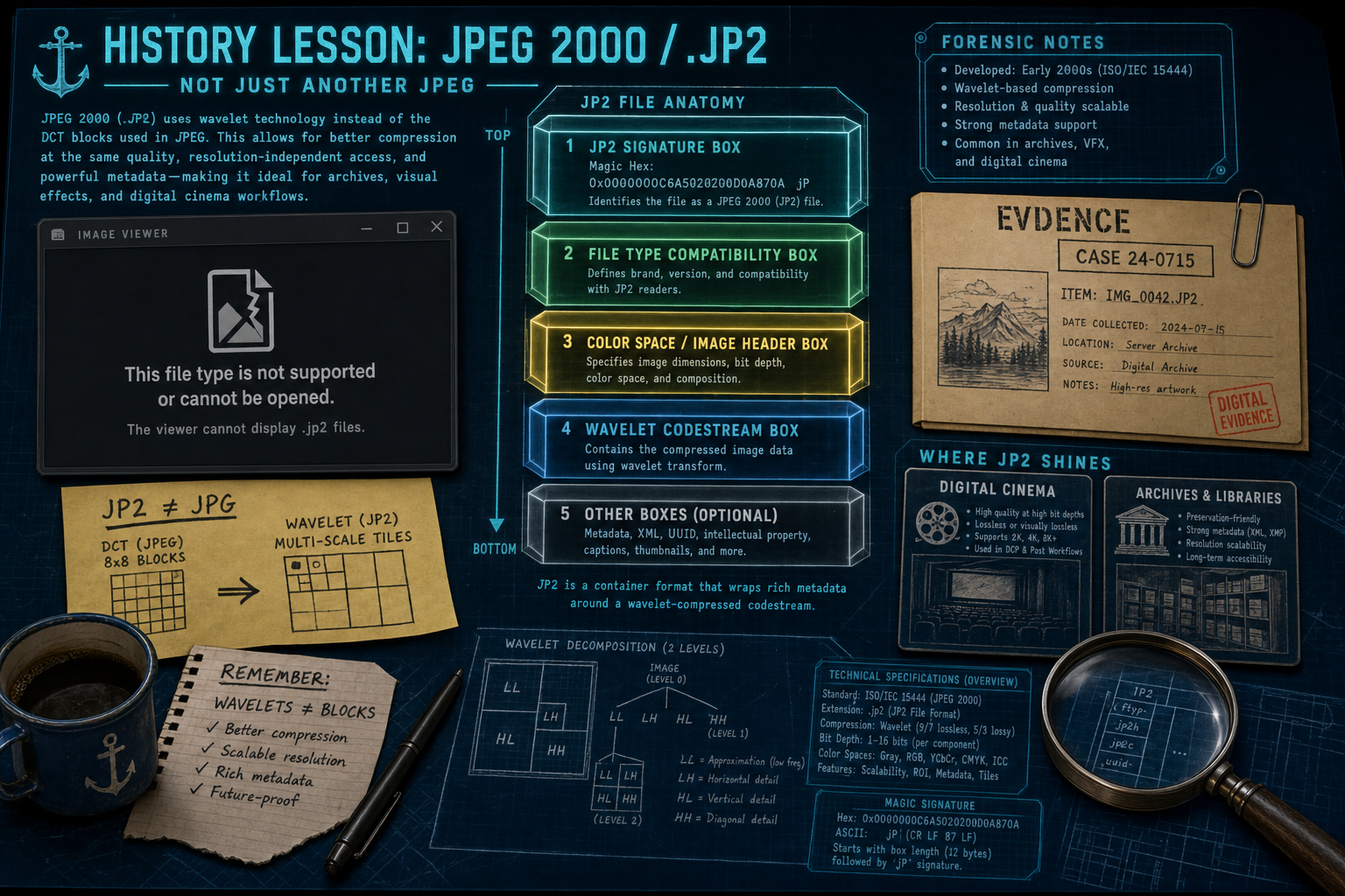 Navy forensic-desk diagram of a .jp2 box stack (signature, color space, wavelet codestream), JP2 ≠ JPG wavelet-vs-DCT cards, digital-cinema and archive niche cards, and a generic viewer cannot-open window, no logos
