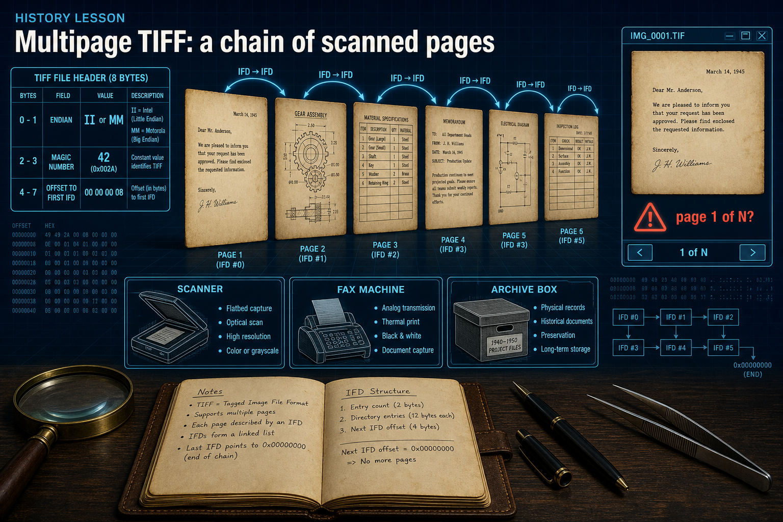 Navy forensic-desk diagram of a multipage .tif as linked IFD page chain, 8-byte TIFF header with II/MM and magic 42, generic viewer showing only page 1 of N, scanner fax and archive cards, no logos