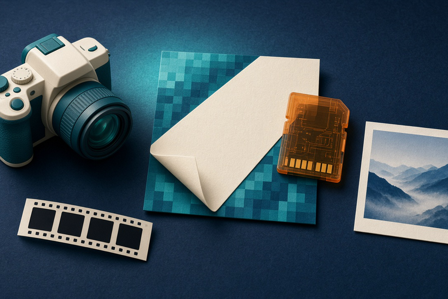 Kermanvärinen DSLR, teal-mosaiikki tulosteen alla, meripihkanvärinen muistikortti, filminauha ja pieni kuva tummansinisellä, ei logoja