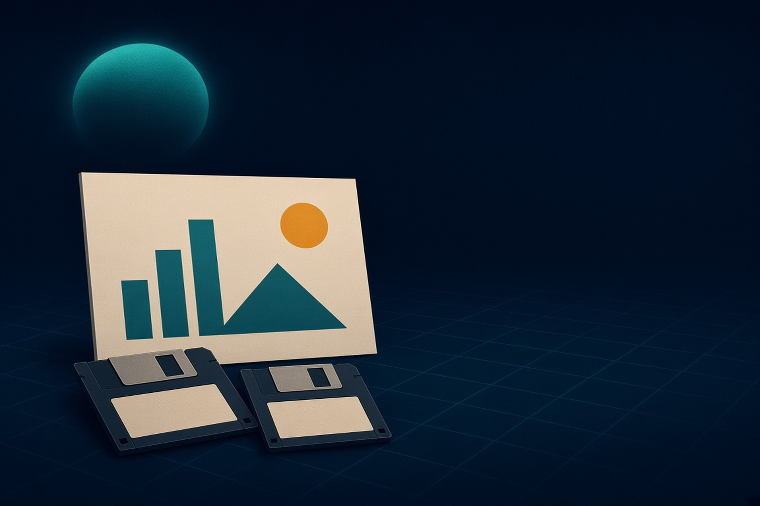 Simple navy illustration of a single presentation slide on a small screen beside two floppy disks on a desk, no logos