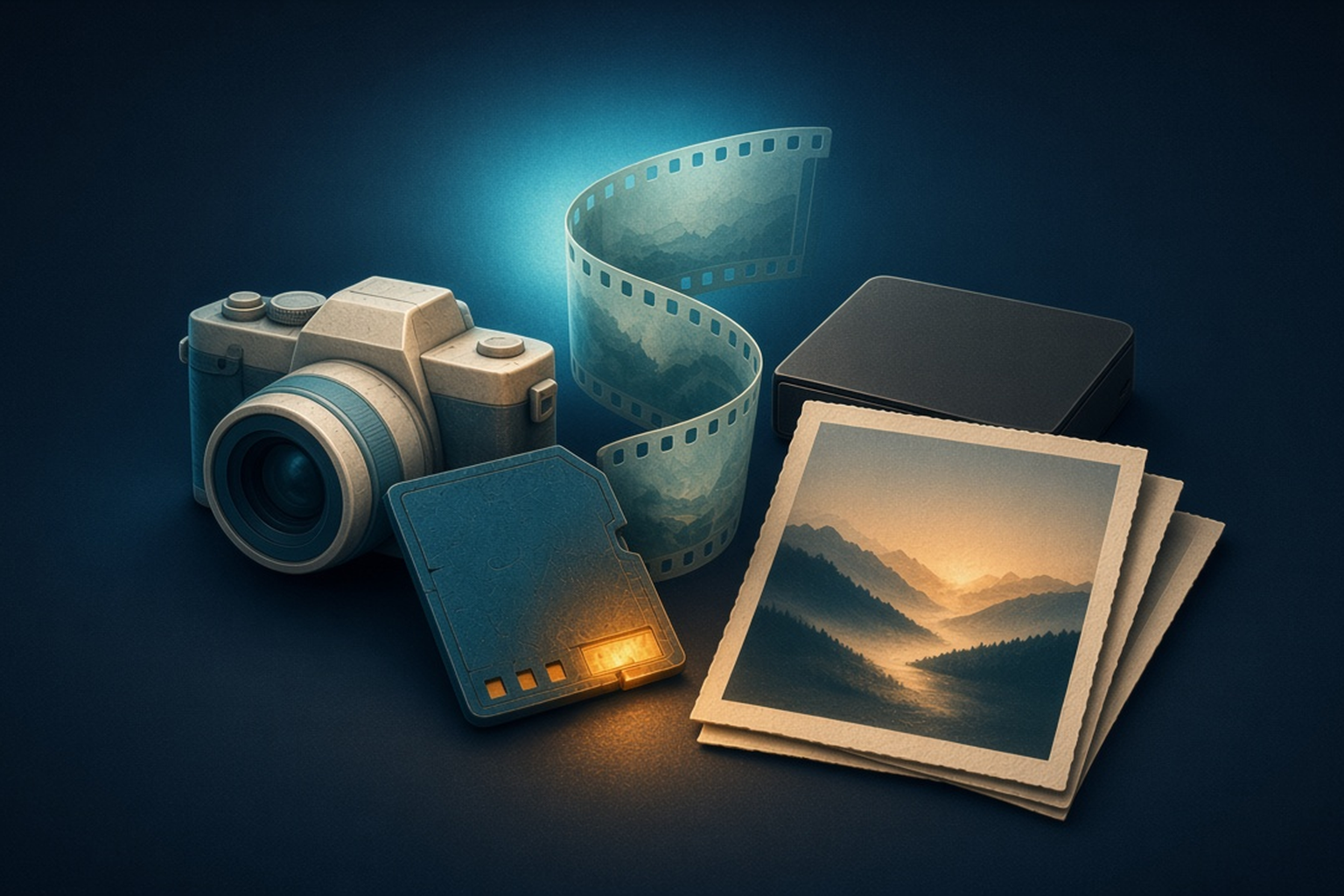 Cremefarvet DSLR, teal hukommelseskort, fotoprint, filmstrimmel og en harddisk på mørk marineblå, ingen logoer