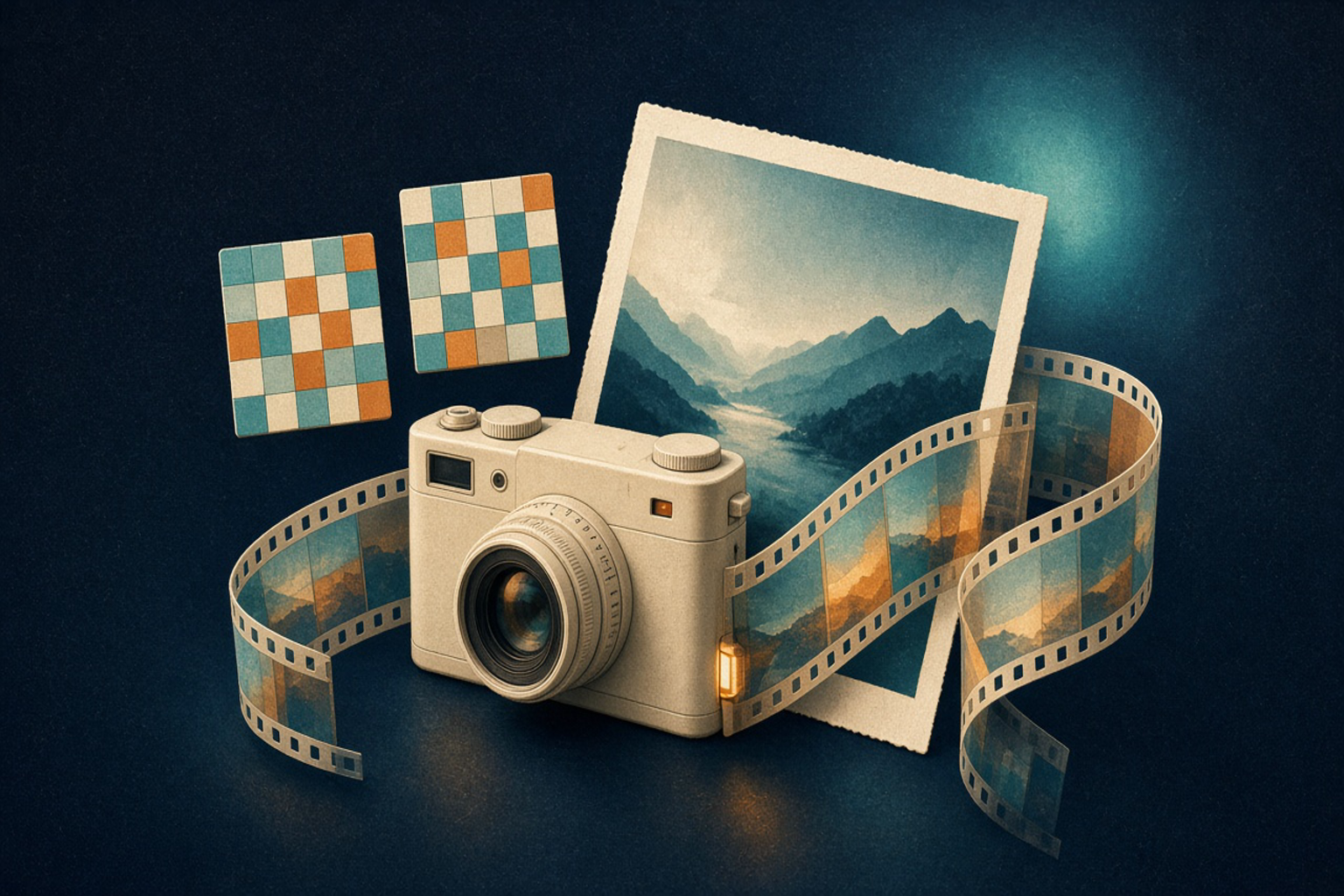 Cream rangefinder-style camera, film strip, photo print, and two color-mosaic tiles on dark navy, no logos