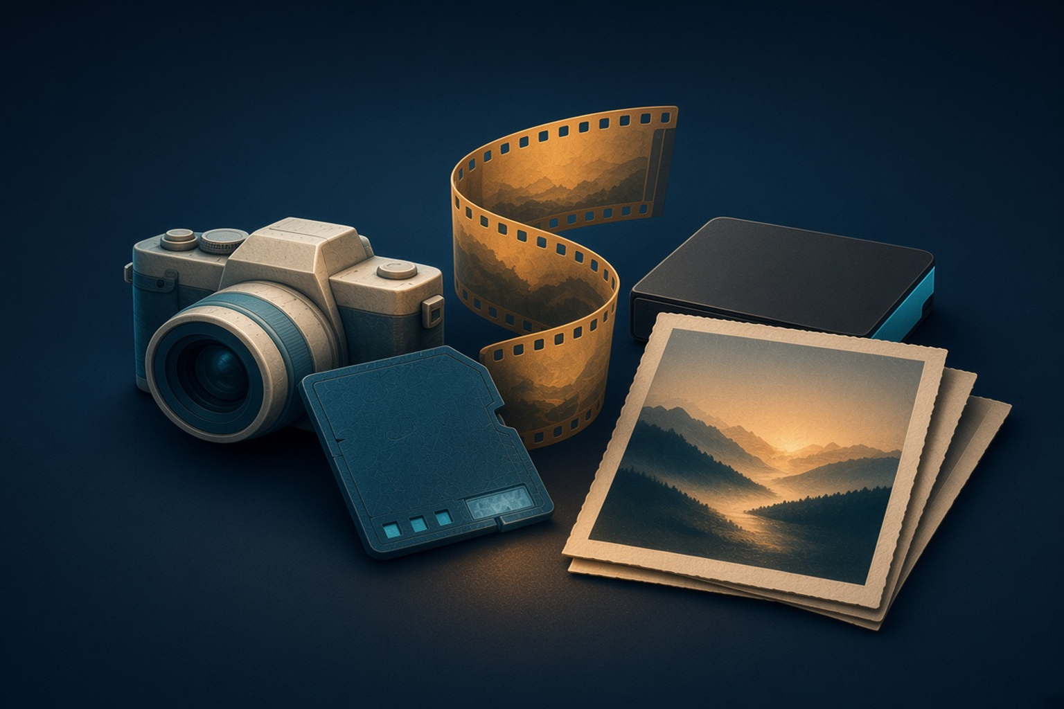 Crèmekleurige spiegelloze camera, teal geheugenkaart, fotoafdrukken, filmstrook en een harde schijf op donker marineblauw, geen logo’s