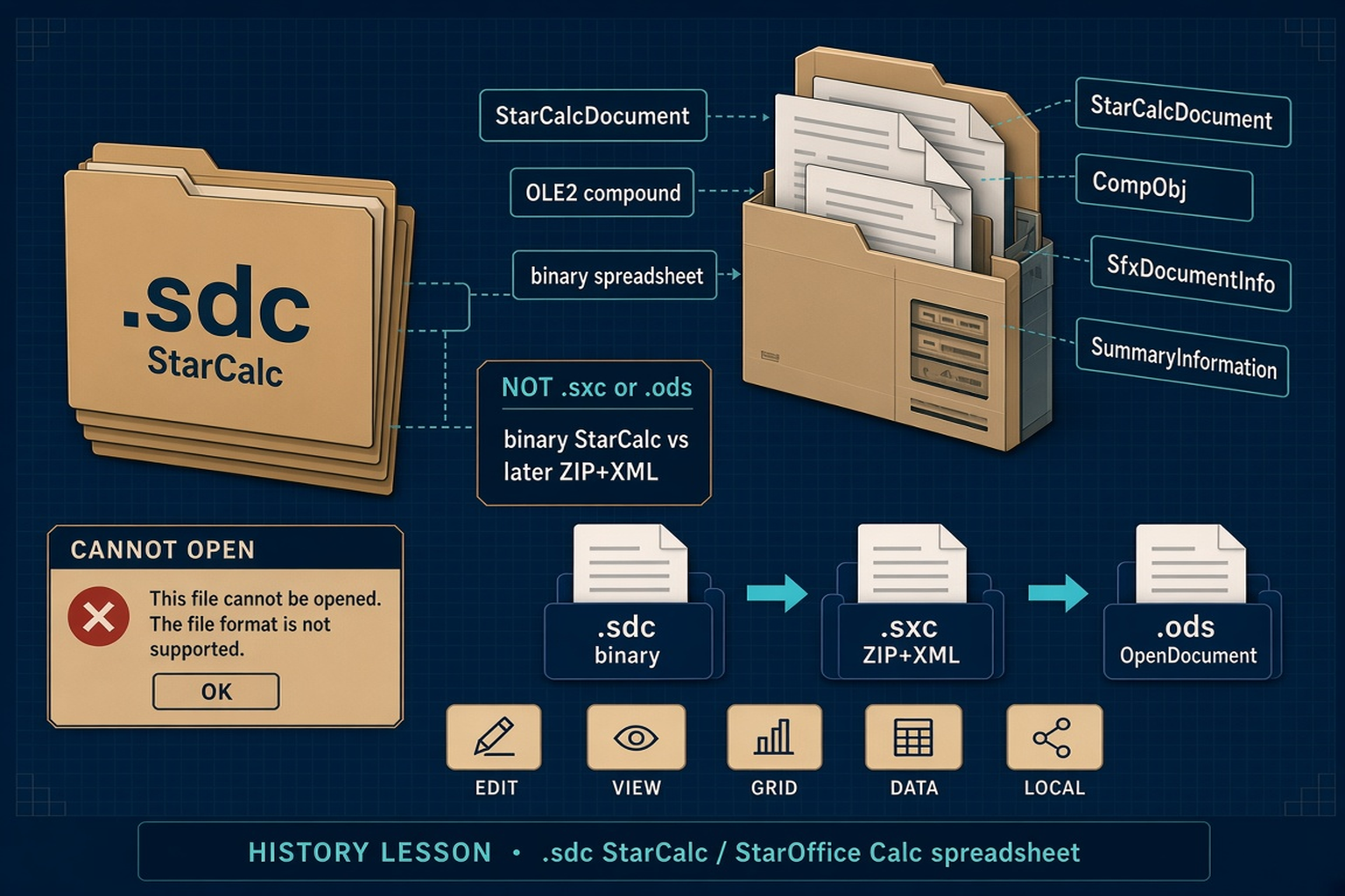 Navy forensic-desk diagram of a legacy .sdc StarCalc / StarOffice Calc spreadsheet: beige .sdc folder with StarCalcDocument OLE2 compound stream callouts, NOT .sxc or .ods confusion card, .sdc binary to .sxc ZIP+XML to .ods OpenDocument timeline, generic cannot-open window, no logos