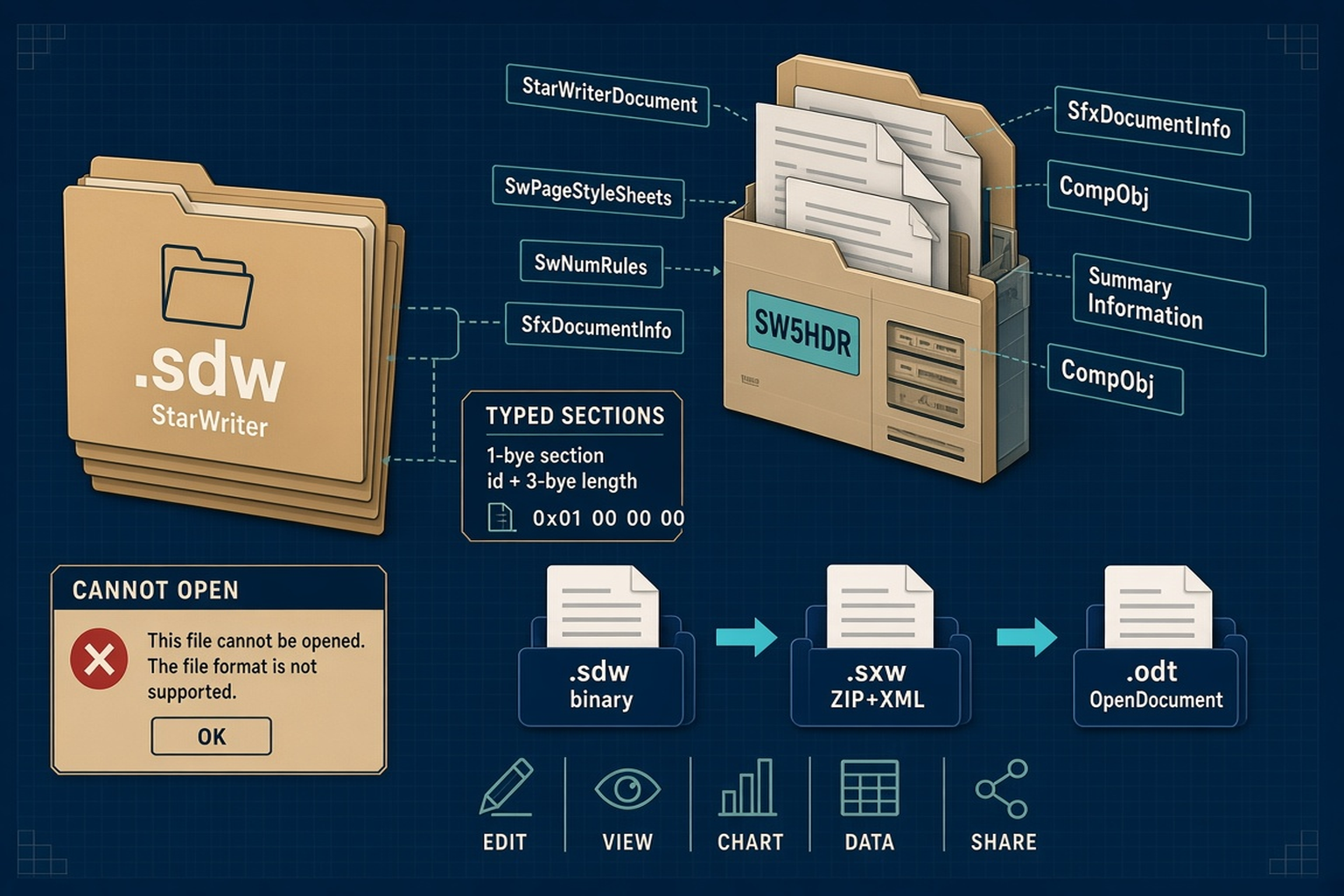 Navy forensic-desk diagram of a legacy .sdw StarWriter folder, OLE2 compound container with StarWriterDocument stream and SW5HDR version marker, typed sections, and a timeline from .sdw binary to .sxw ZIP+XML to .odt OpenDocument, with a generic cannot-open window, no logos