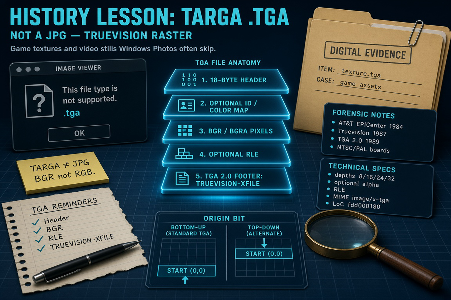 Navy forensic-desk diagram of Truevision .tga anatomy: 18-byte header, optional ID and color map, BGR/BGRA packed pixels, optional RLE packets, TGA 2.0 TRUEVISION-XFILE footer, origin-bit bottom-up vs top-down cards, and a generic image-viewer cannot-open window, no logos