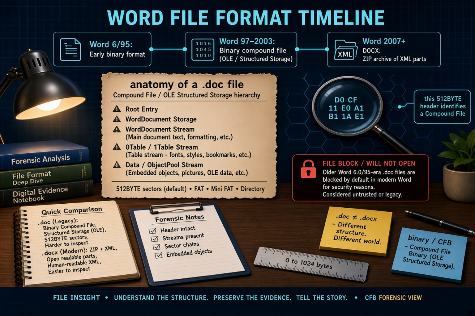 Navy forensic-desk diagram of a Word .doc compound file: timeline Word 6/95 → Word 97–2003 OLE/CFB → Word 2007+ DOCX ZIP of XML; Root Entry / WordDocument / 0Table–1Table / ObjectPool streams; magnifying glass over CFB hex signature D0 CF 11 E0 A1 B1 1A E1; File Block warning for older Word 6.0/95 .doc; .doc vs .docx notebook; sticky notes .doc ≠ .docx and binary CFB; no logos