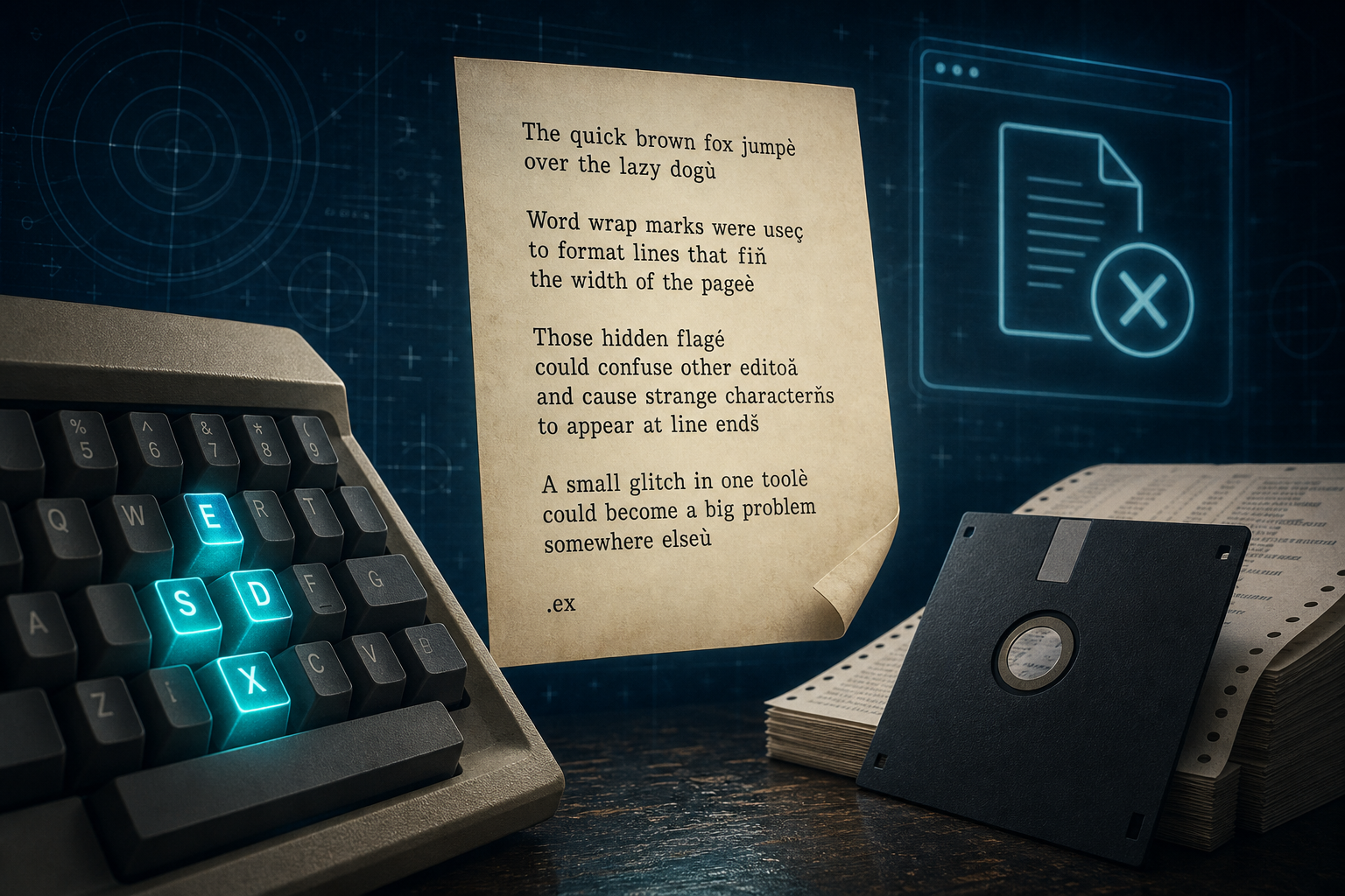 A vintage keyboard with the E-S-D-X diamond keys glowing teal, a manuscript whose last letters look accented, a 5.25-inch floppy, and a faded window that cannot open the file, no logos