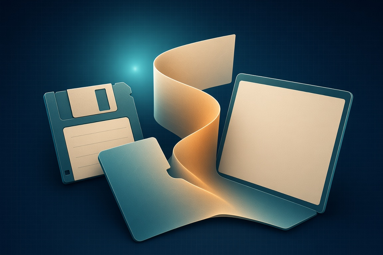 Tealfarvet diskette, cremefarvet dokumentbånd med amberglød og en moderne laptop-skærm med teal kant på mørkeblå baggrund, ingen logoer Tealfarvet diskette, cremefarvet dokumentbånd med amberglød og en moderne laptop-skærm med teal kant på mørkeblå baggrund, ingen logoer